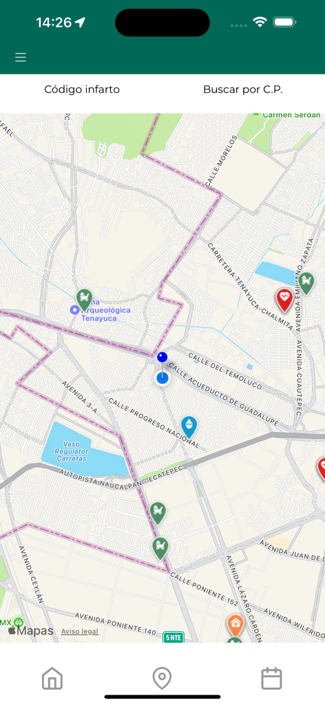 IMSS Digital - Map view in the IMSS Digital app showing locations of nearby clinics and medical facilities