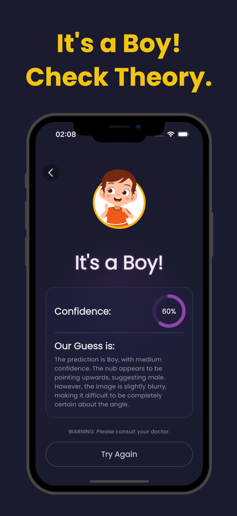 Nubula - Baby Gender Predictor - Nubula app interface showing a baby boy gender prediction result with sixty percent confidence score