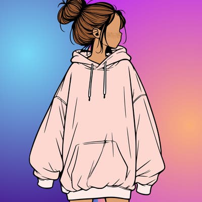 realistic girl with a oversized sweatshirt on and a bun