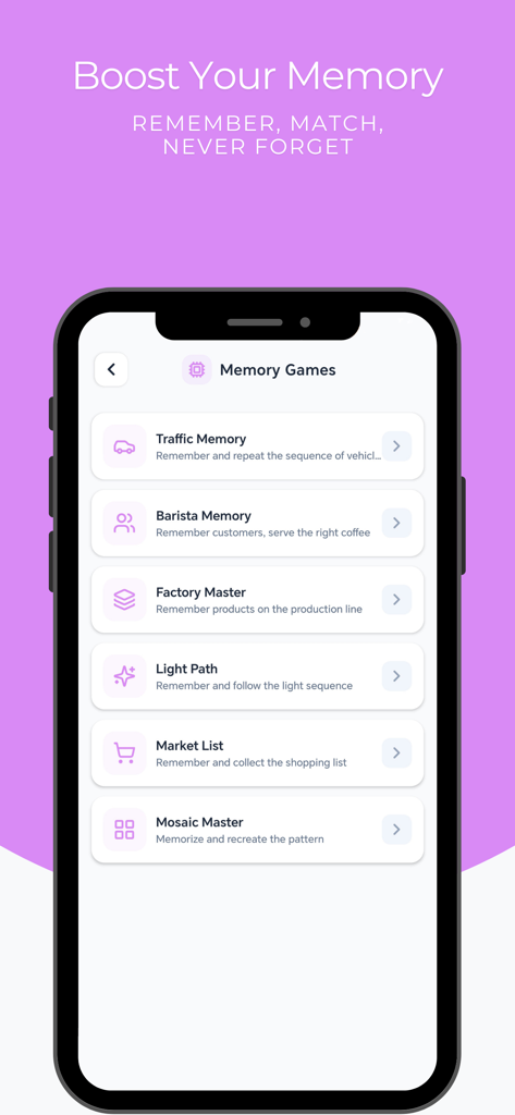 Reflexly - Brain Training - Reflexly brain training app interface showing a list of cognitive memory games