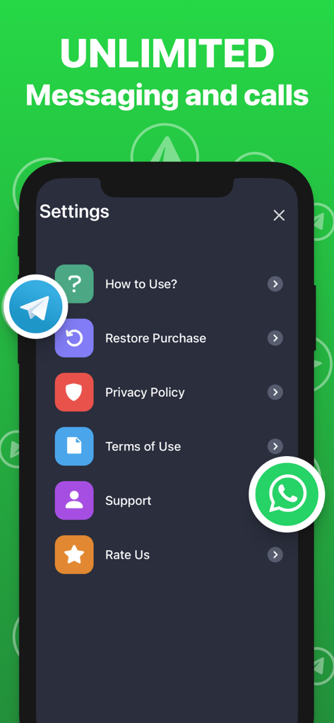 Dual Messenger For WA Account - Pantalla de configuración de la aplicación Dual Messenger para Cuentas WA con opciones para soporte, política de privacidad y restauración de compras.