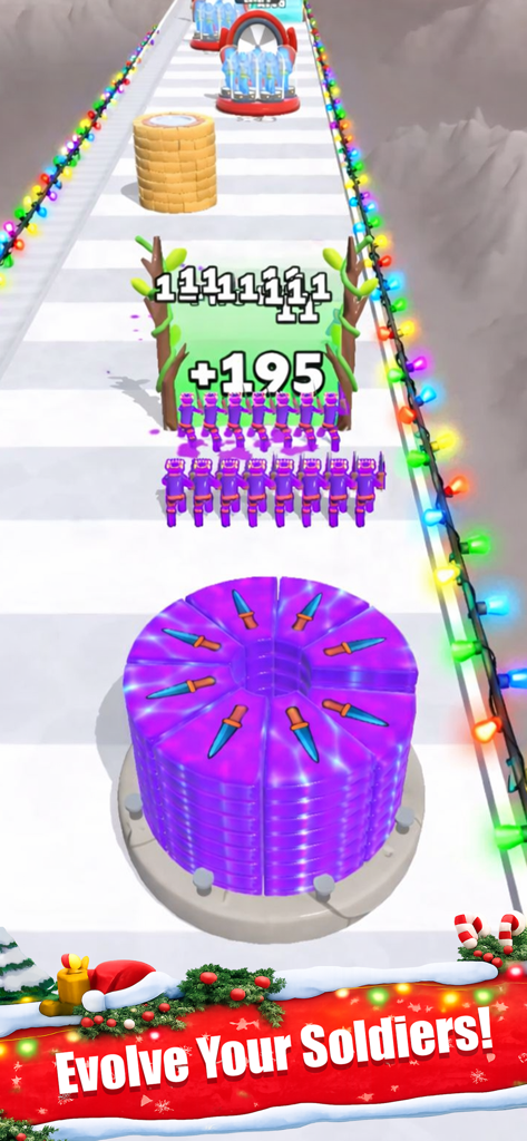 Human Fortune - Human Fortune gameplay showing purple soldiers evolving on a winter themed path