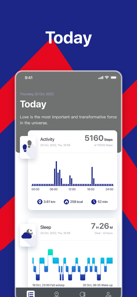 Alpha Smart Watch - Alpha Smart Watch app dashboard showing daily step count activity and sleep tracking data analysis.