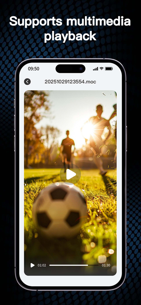 Zip, RAR, 7z File Extractor - サッカーの試合を再生するExZipアプリのビデオプレーヤーを示すiPhone画面、見出しはマルチメディア再生をサポート