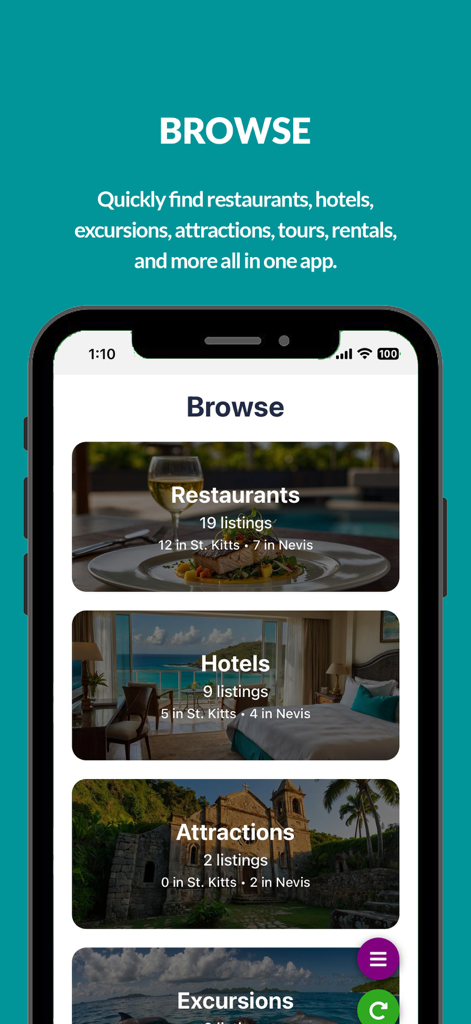 The CaribeZyne app browse screen displaying categories for restaurants, hotels, and attractions in St. Kitts and Nevis.