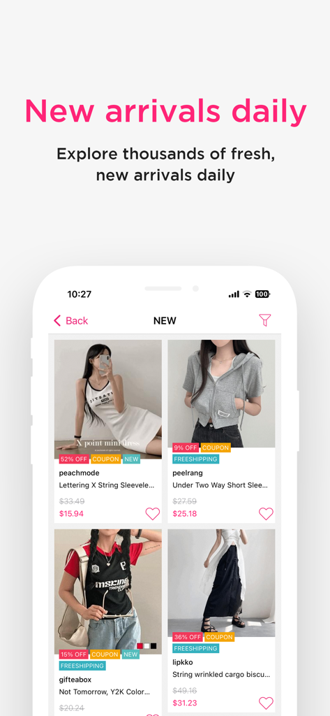 Codibook app interface displaying daily new arrivals and trending Korean fashion items with prices and discounts.