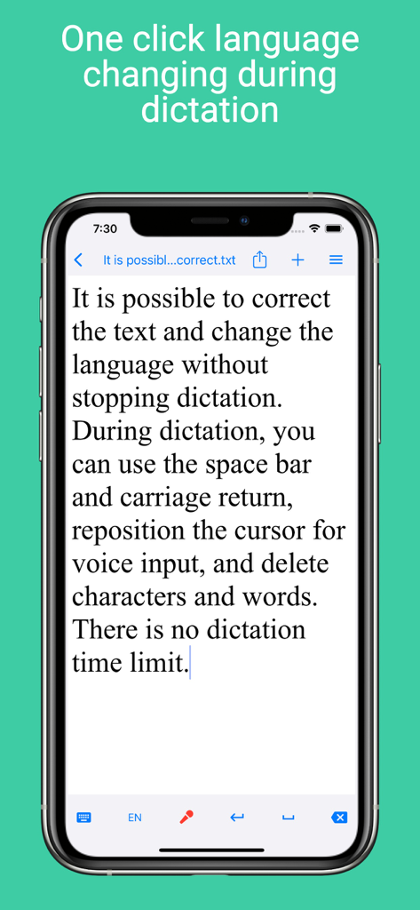 Voice Notebook - audio to text - Interfaz de la aplicación Voice Notebook que muestra el cambio de idioma con un clic y la edición de texto durante el dictado en vivo en un smartphone
