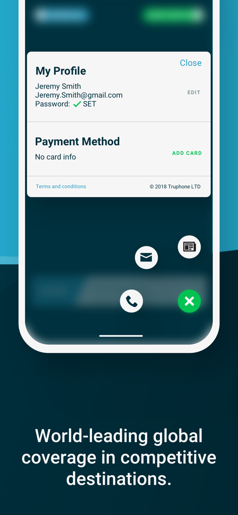 My Truphone: eSIM travel data - Pantalla de perfil de la aplicación My Truphone que muestra detalles de la cuenta y opciones de pago