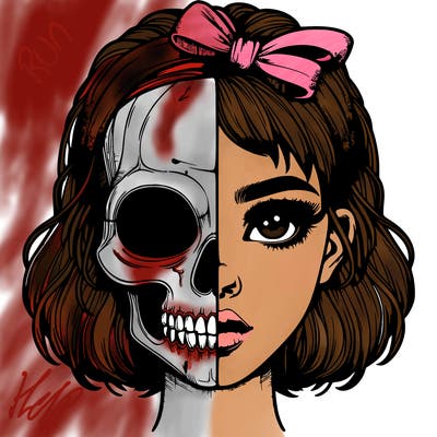 realistic girl with half skull mask