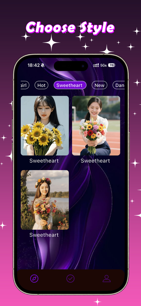 Face Morph AI - Tela do aplicativo Face Morph AI mostrando uma escolha de modelos estéticos sweetheart para geração de vídeo de IA.