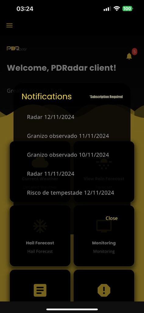 PDRadar - Interface of PDRadar app displaying a list of hail alerts and storm monitoring tiles.