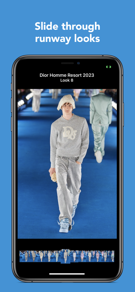MDLA Runway App-Oberfläche mit einem Dior Homme Resort 2023 Look