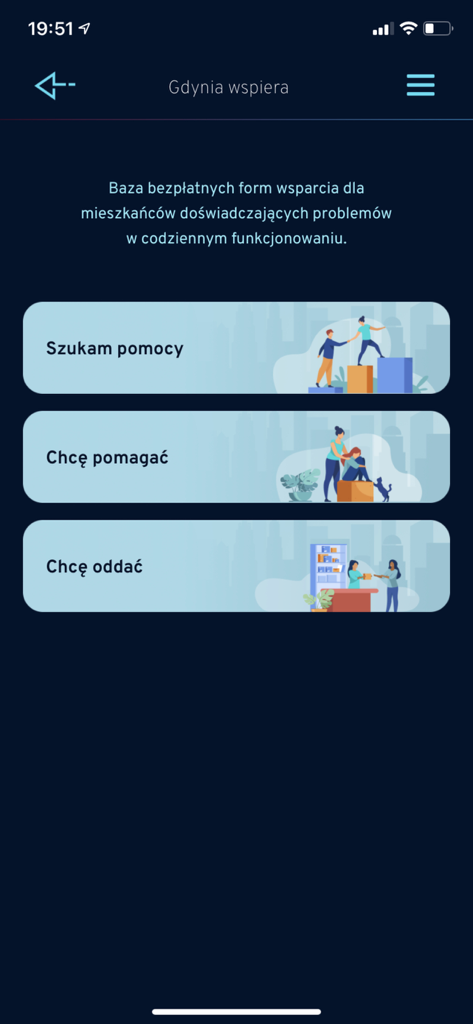 Gdynia.pl - Support screen of the Gdynia municipal app showing options to find help, offer help, or donate items.