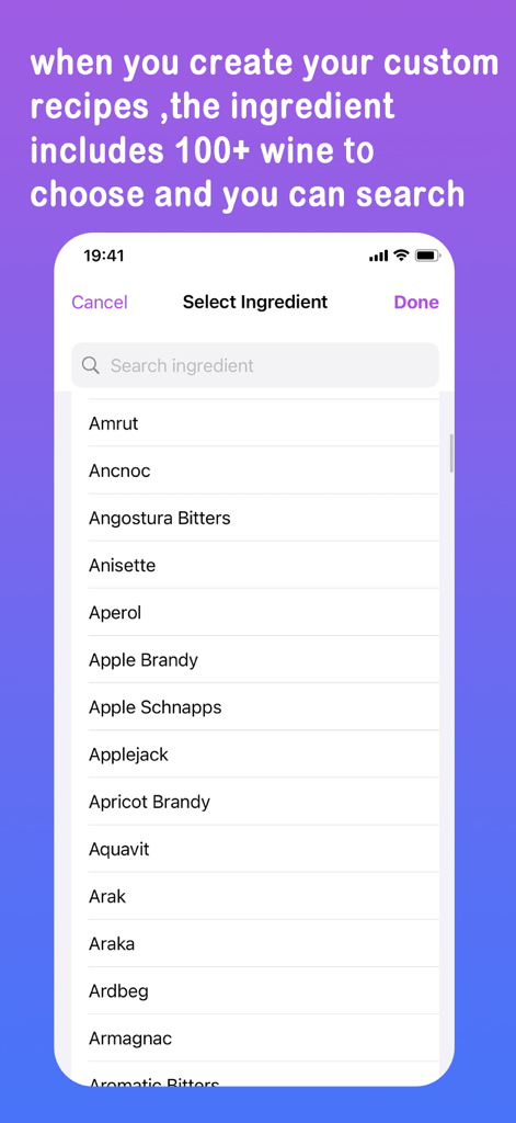 Cocktails Recipes Drink Create - Interface for searching and selecting cocktail ingredients for custom recipes