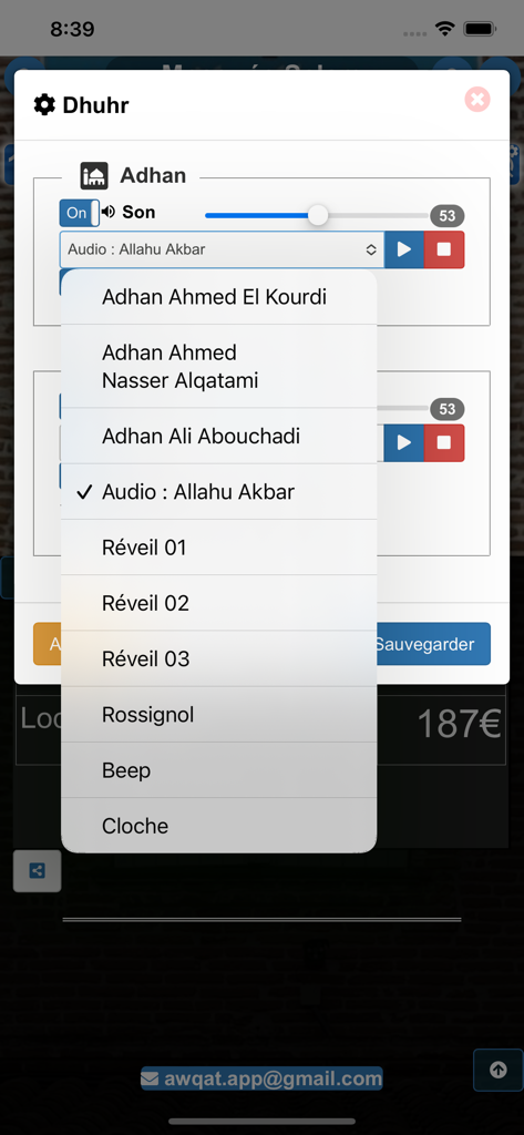 Settings menu in the Awqat app showing various Adhan and notification sound choices for prayer alerts.