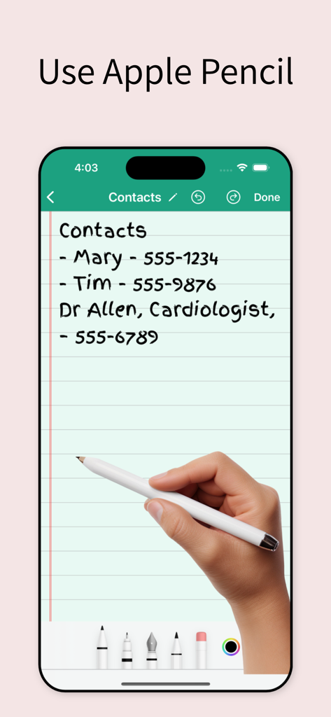 Notepad: Easy Notes & Memos - A hand using a stylus to write a contact list with phone numbers on a digital notepad app