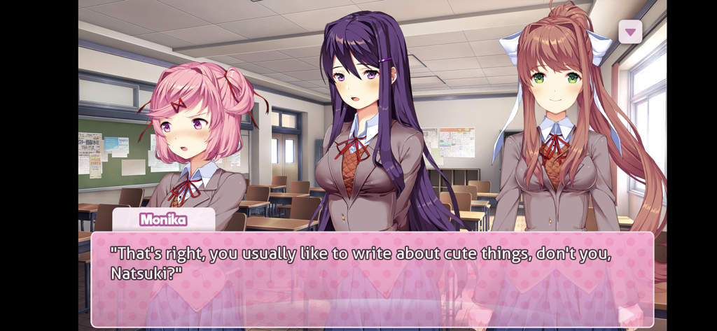 Doki Doki Literature Club! - Characters Monika, Yuri, and Natsuki in a classroom scene from the game Doki Doki Literature Club.