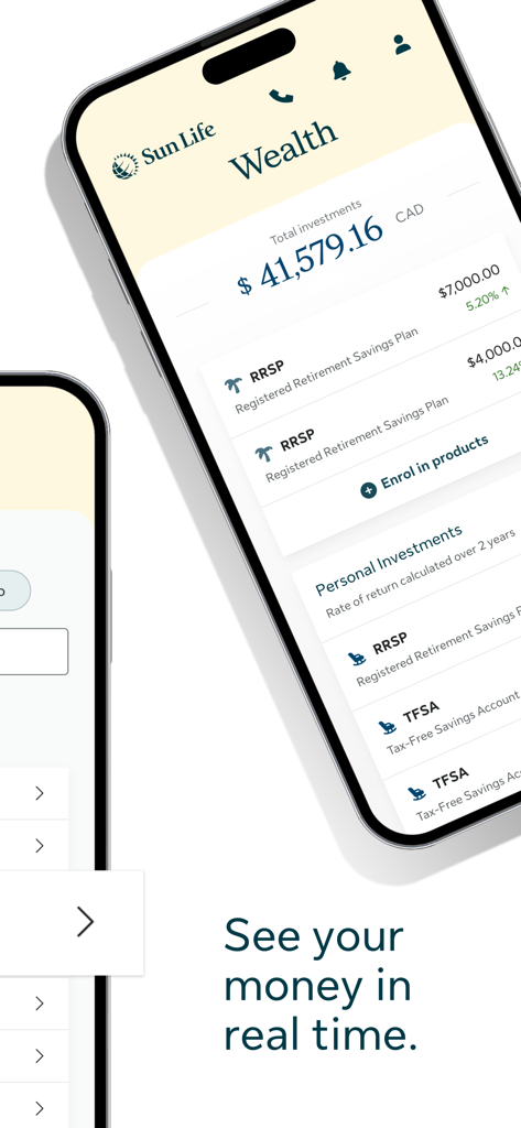 my Sun Life (Canada) - 실시간 투자 잔액 및 RRSP 계정을 보여주는 my Sun Life Canada 앱의 자산 대시보드 스크린샷