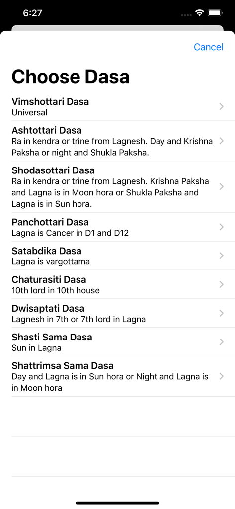 Jyotish Computer - A list of various Vedic astrology Dasa calculation systems in the Jyotish Computer app menu.