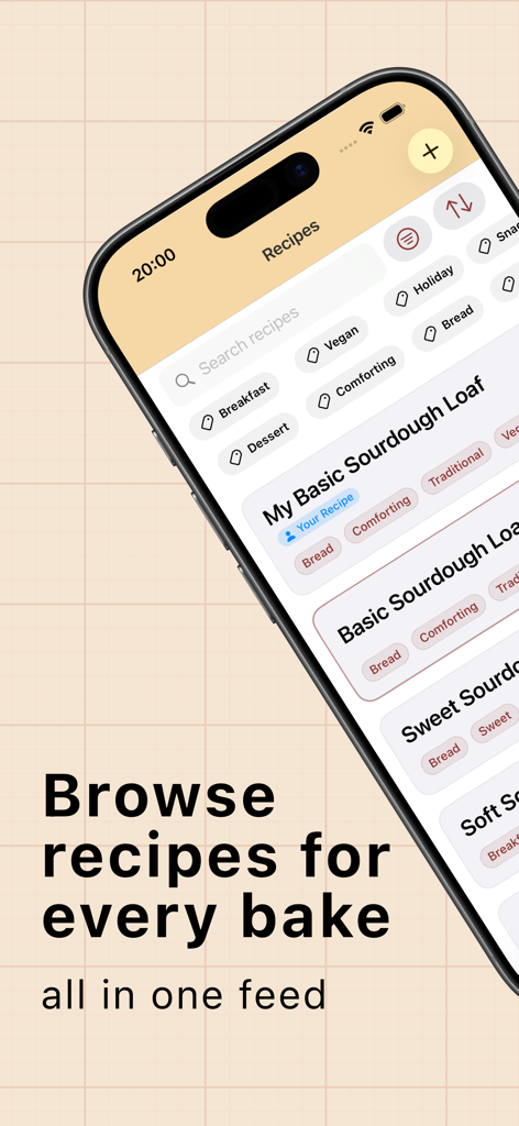 Yeasta: Sourdough Tracker - Interface do aplicativo Yeasta mostrando uma lista de receitas de fermento natural com tags de filtro para café da manhã, vegano e feriados.