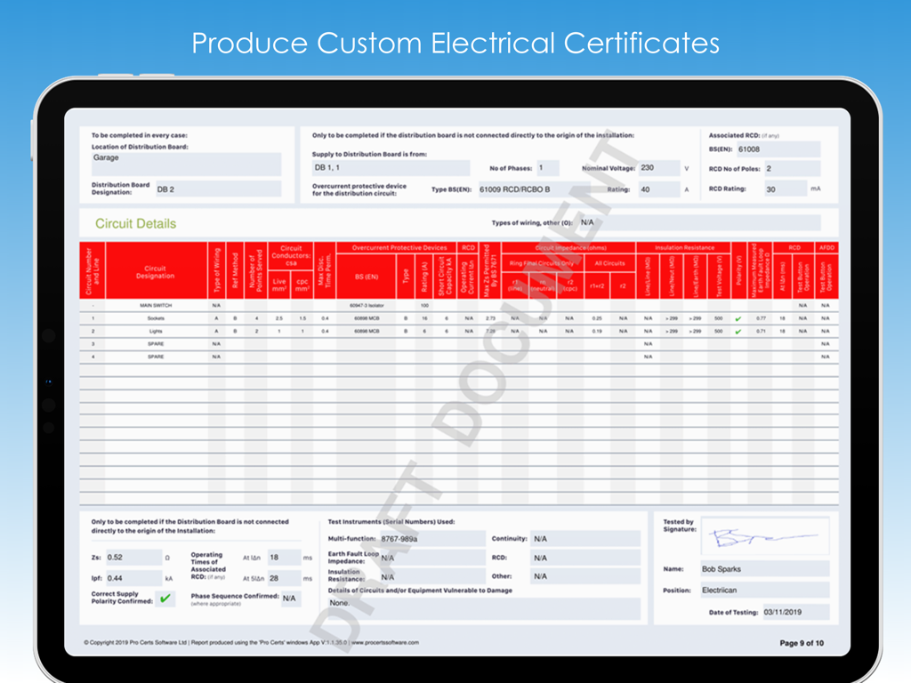 Pro Certs - Digital electrical certificate interface showing circuit details on an iPad
