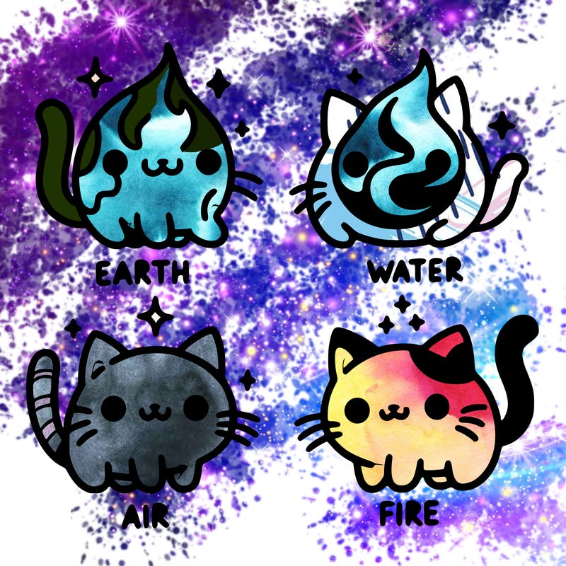 4 cats that represent the different elements, earth, water, air, and fire