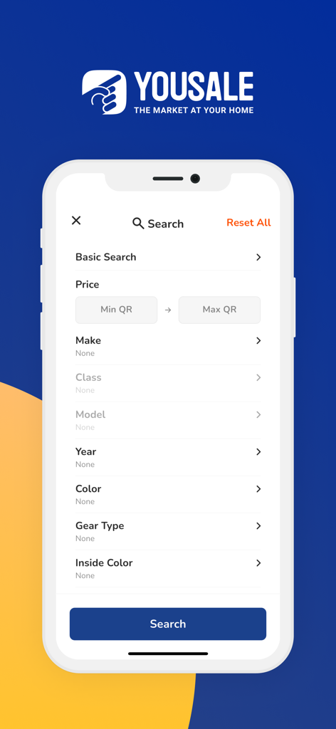 YouSale يوسيل - Mobile interface showing car search filters in the YouSale marketplace app.