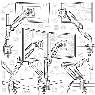Dive into the detailed world of ergonomic design with this unique Monitor Arms & Mounts coloring page. Discover intricate mechanisms and sleek structures, perfect for tech enthusiasts and those who appreciate functional art.