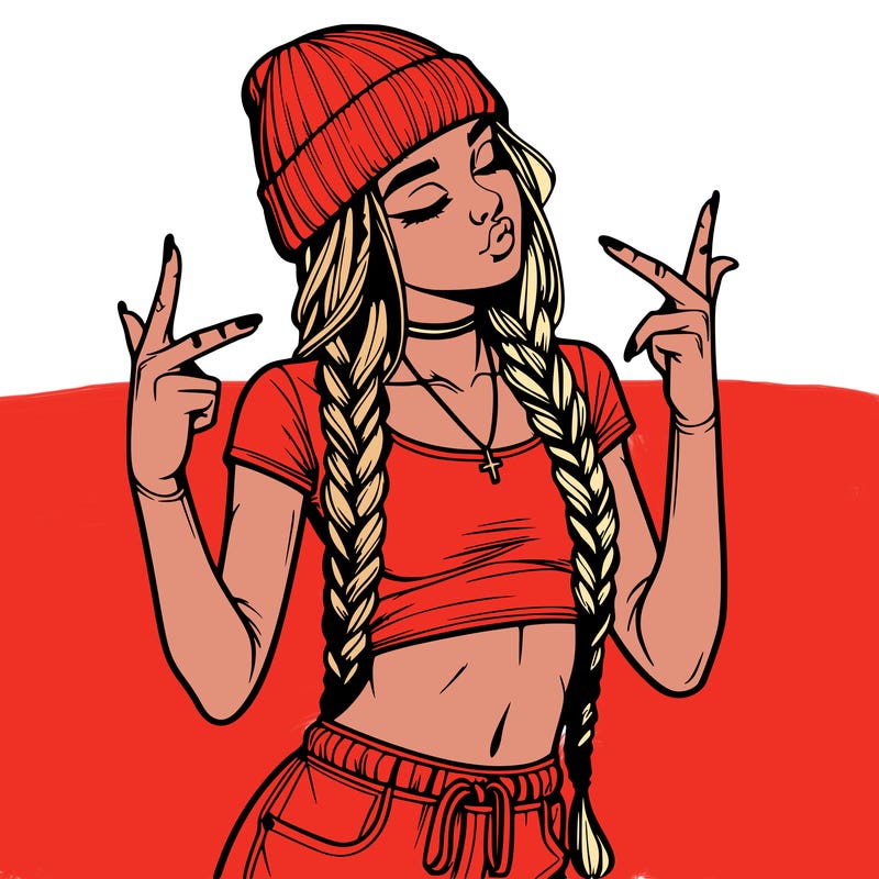 realistic teenage girl with braids and a beanie and crop top doing 🫶🏼