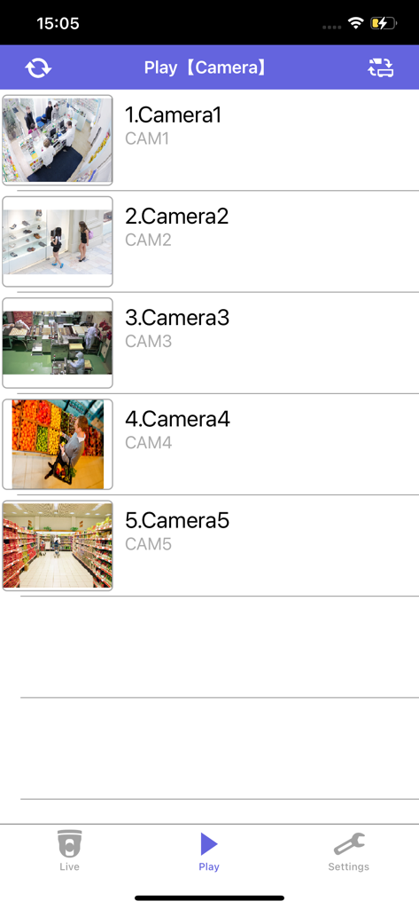i-PRO Mobile APP - A list of five security camera feeds within the i-PRO Mobile APP showing various retail and business environments for playback selection.