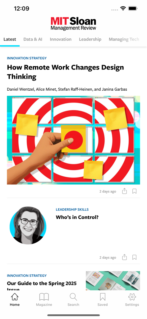 MIT Sloan Management Review app home screen displaying latest business strategy and leadership articles