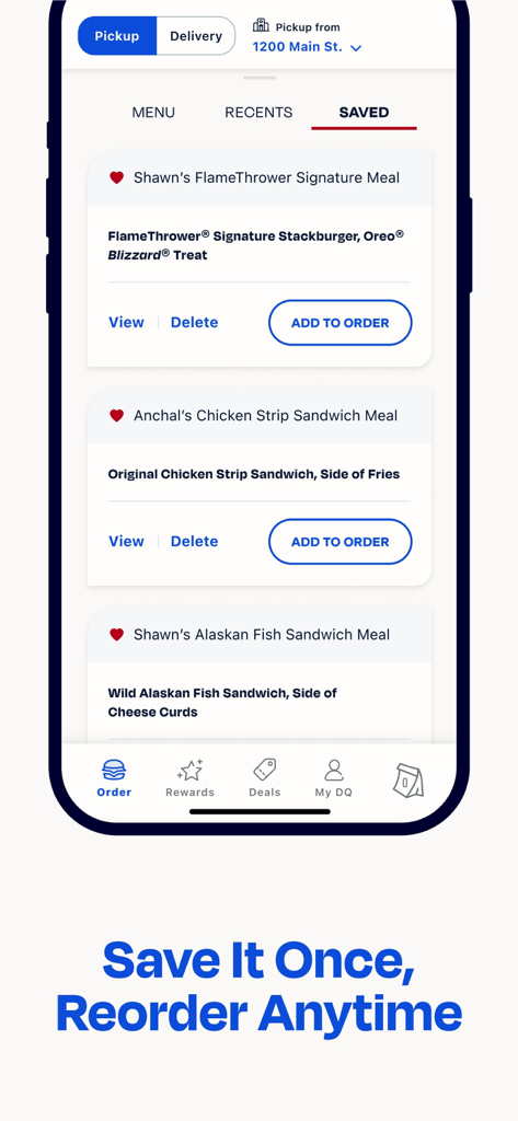 Mobile app screen showing the saved meals feature for quick reordering on the Dairy Queen app.