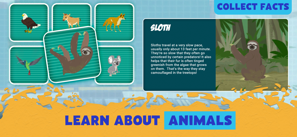 Wild Kratts Rescue Run - Wild Kratts Rescue Run app interface showing educational facts about a sloth