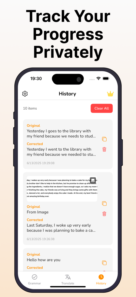 Grammar Check Corrector - Interface de l'application mobile montrant un historique privé des vérifications grammaticales originales et corrigées avec une option pour tout effacer