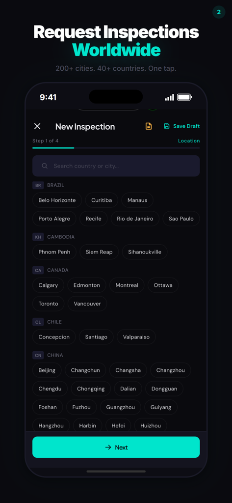 Spektor - Spektor app interface for selecting a global factory location for quality inspection.