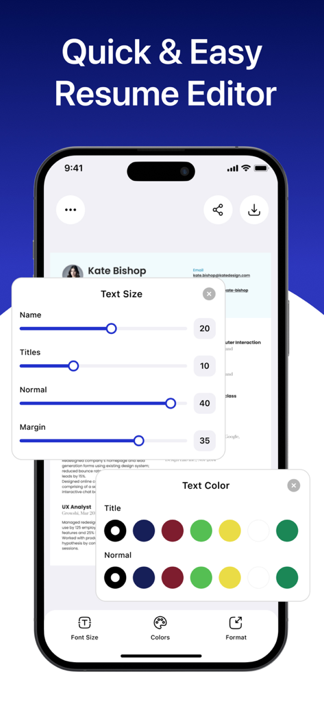 AI Resume Master - CV Builder - Mobile app interface showing text size and color customization for resume editing