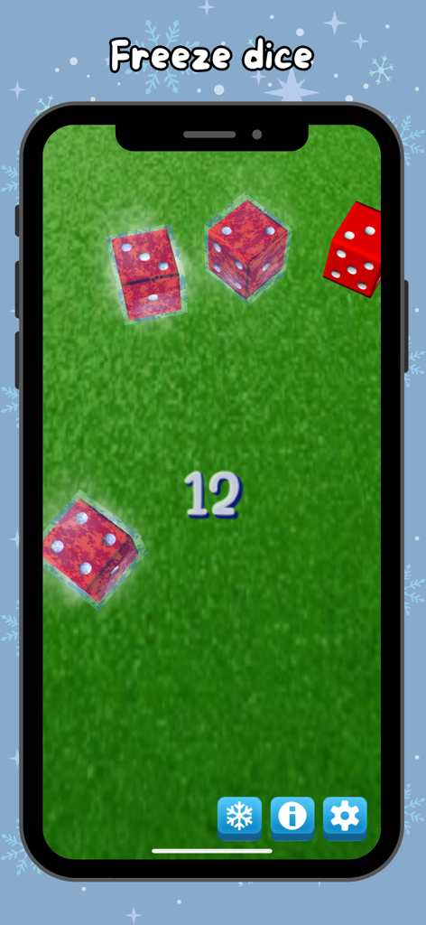 Dice Roller - Shake & Roll - Mobile app screenshot showing the freeze dice feature with 3D dice on a green field and a score of twelve