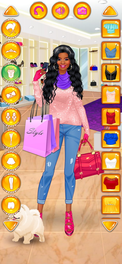 Un personaggio alla moda tiene in mano borse della spesa in una boutique con un cane in un gioco di dress-up di moda