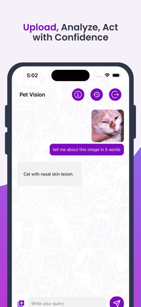 Petvis - Petvisアプリのインターフェイス、鼻の皮膚病変を持つ猫の写真のアップロードを分析するAIチャットを表示