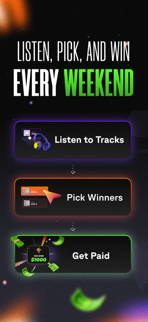StreamStakes - An infographic showing the three steps to use StreamStakes: listen to tracks, pick winners, and get paid cash prizes.