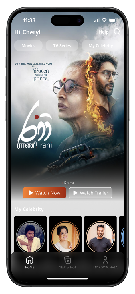 Roopa Hala app home screen displaying Sri Lankan movies and celebrity profiles on an iPhone interface