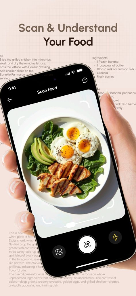 SmartBP Log & Tracker - Usuario de iPhone escaneando una comida saludable con el escáner de alimentos de la aplicación SmartBP para rastrear la nutrición.