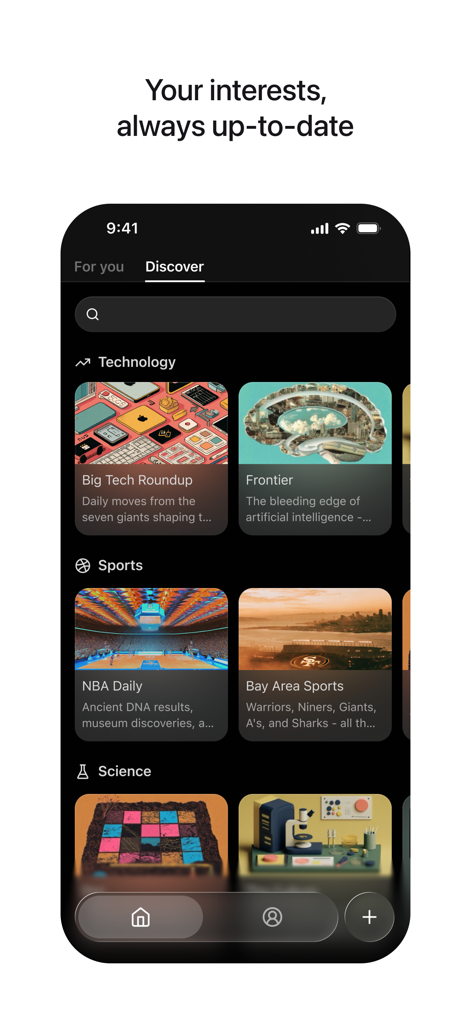 Screenshot of the Huxe app discover tab showing personalized audio categories for technology sports and science