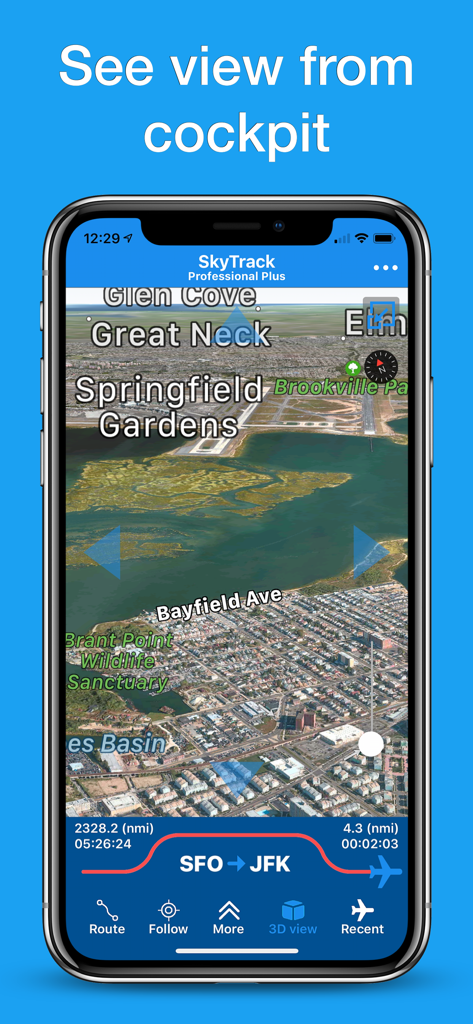 Vista de cabina 3D de la aplicación SkyTrack que muestra una ruta de vuelo de SFO a JFK sobre un área costera.