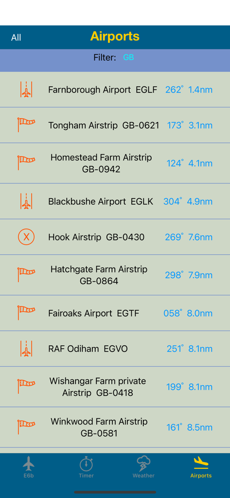 E6b Pilot - A list of nearby airports and airstrips in the E6b Pilot app showing course bearings and nautical mile distances.