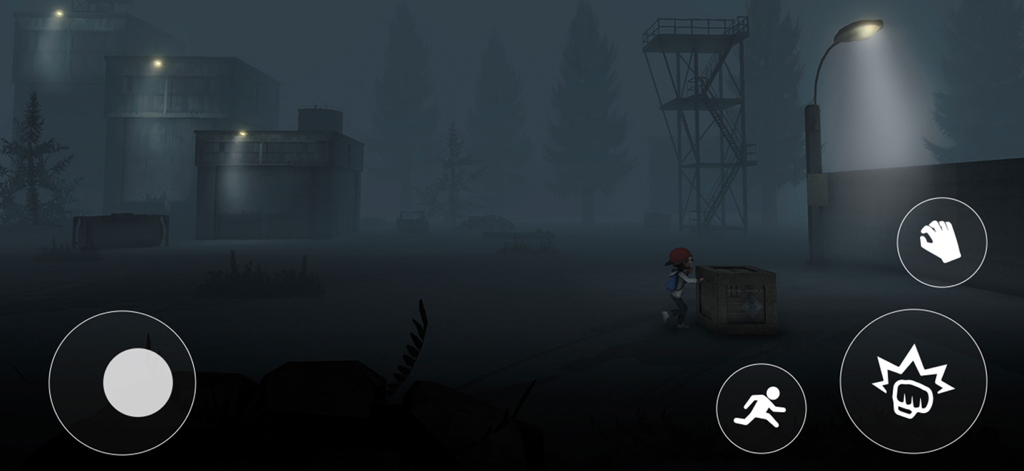 A small boy character pushing a wooden crate in a dark and foggy environment within Nightmares Inside Game Escape.