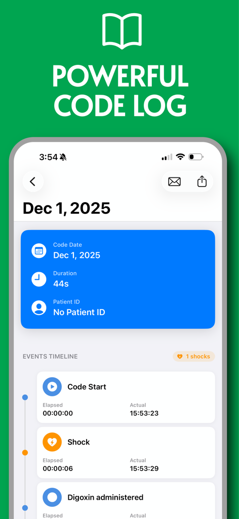 Detailed medical event log in the Code Runner Pro app showing timestamps for code start and shocks