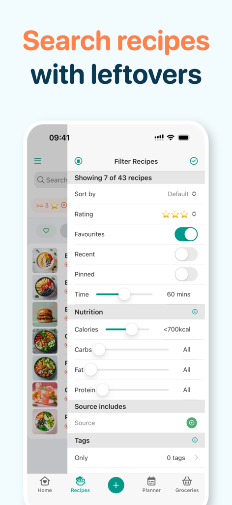 Interfaz de la aplicación CookBook que muestra filtros de recetas avanzados para clasificaciones nutricionales y tiempo de preparación