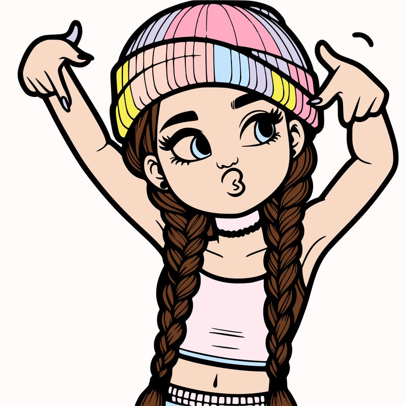 realistic teenage girl with braids and a beanie and crop top doing 🫶🏼