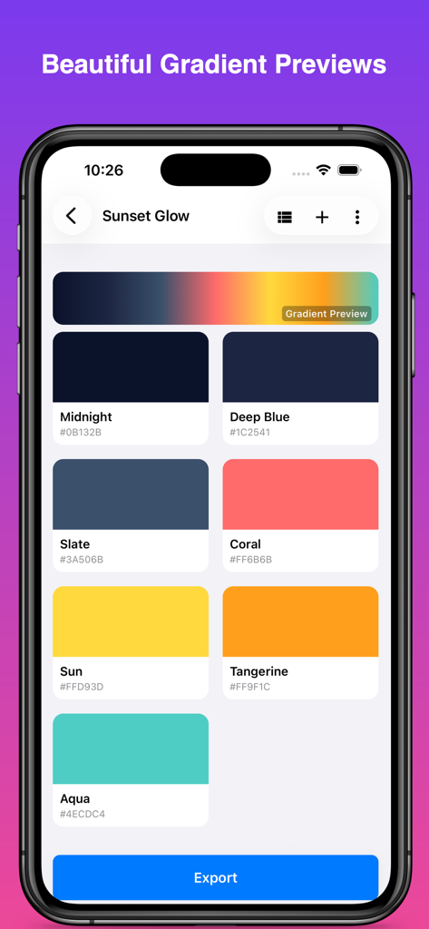 Die Benutzeroberfläche der ColorKit-App zeigt die Sunset Glow-Palette mit Farbfeldern, Hex-Codes und einer Gradientenvorschau-Leiste